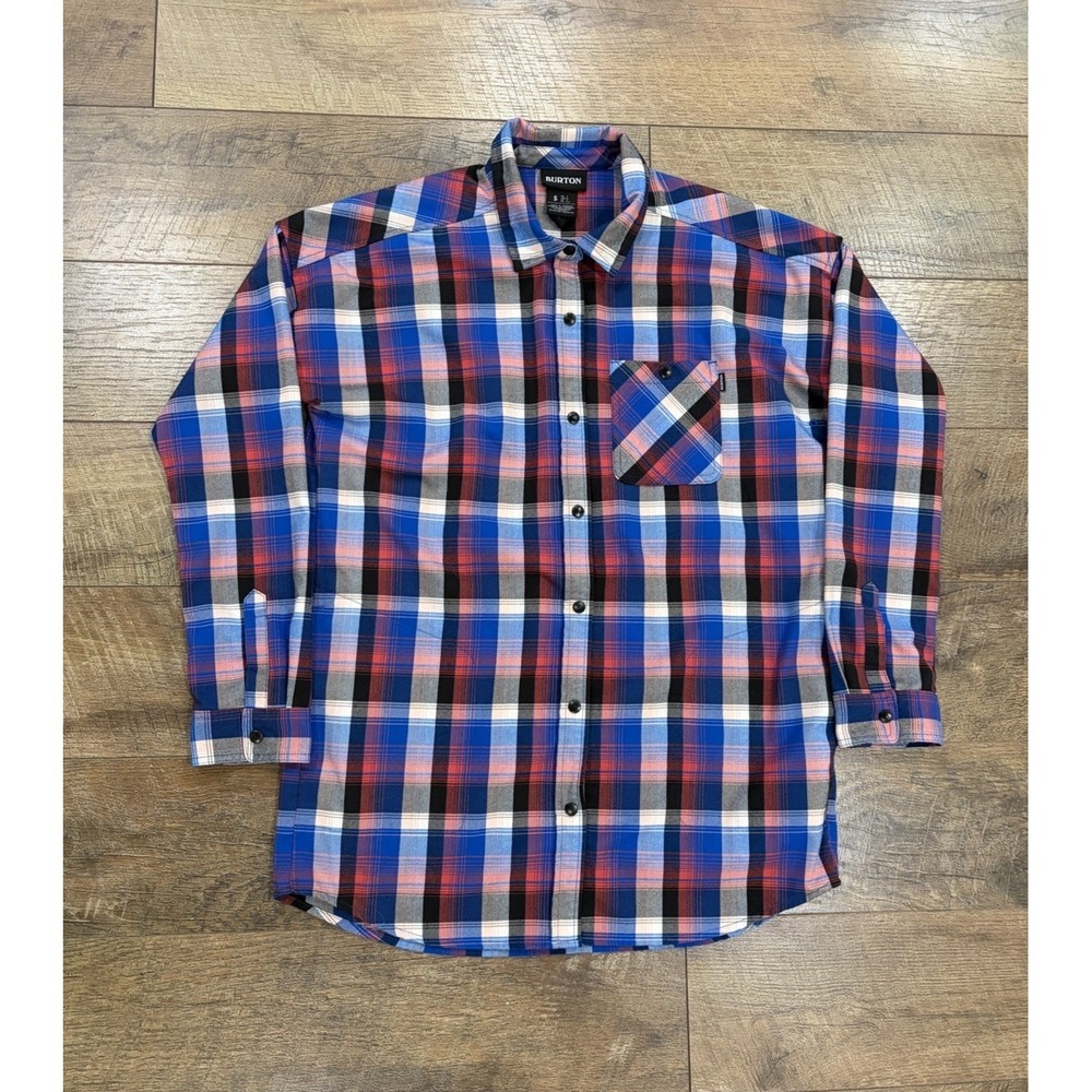 Burton‎ Snowboards Brushed Flannel Plaid Button Up Shirt Blue Red Large